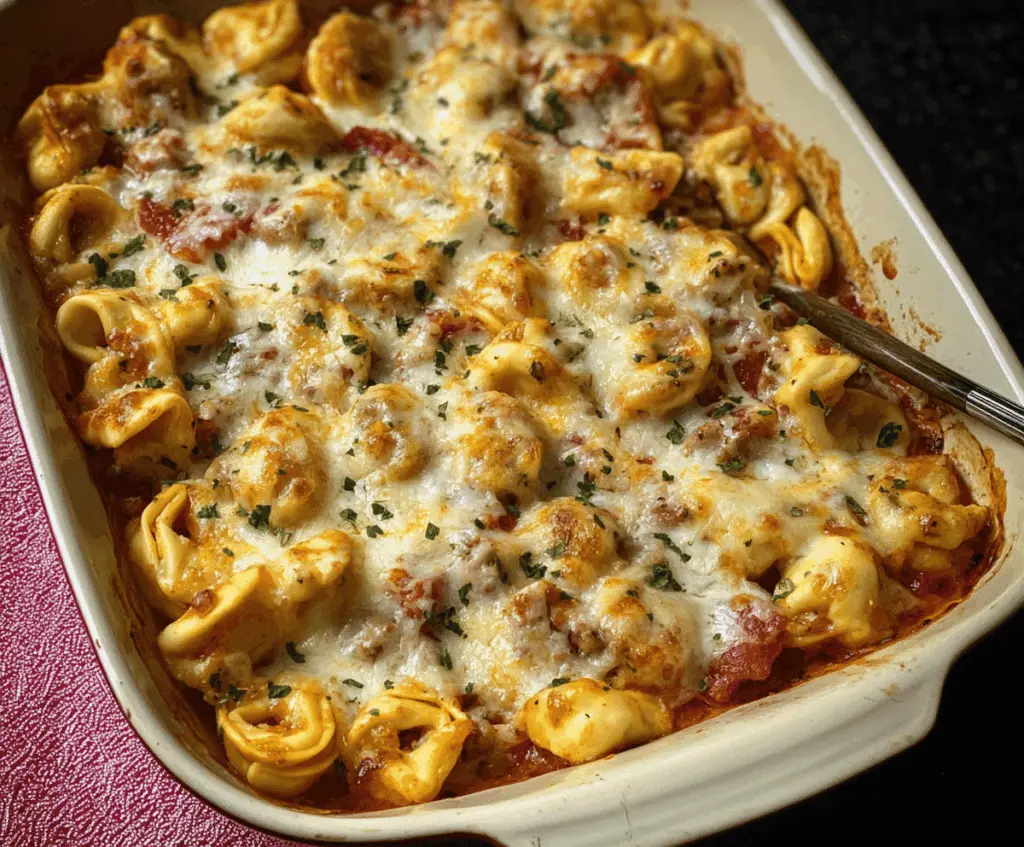 Creamy Alfredo Tortellini Bake topped with melted cheese and fresh herbs in a baking dish, ready to serve.