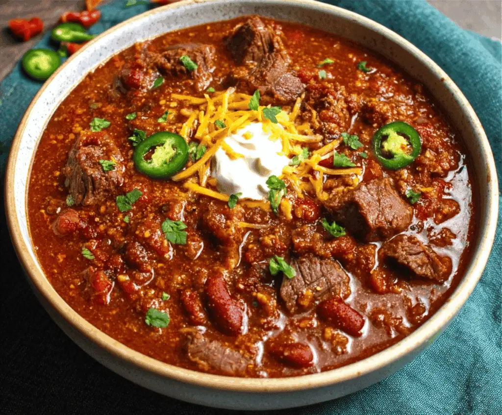 Hearty bowl of award-winning short rib and chorizo chili topped with fresh herbs and shredded cheese, served in a rustic bowl.