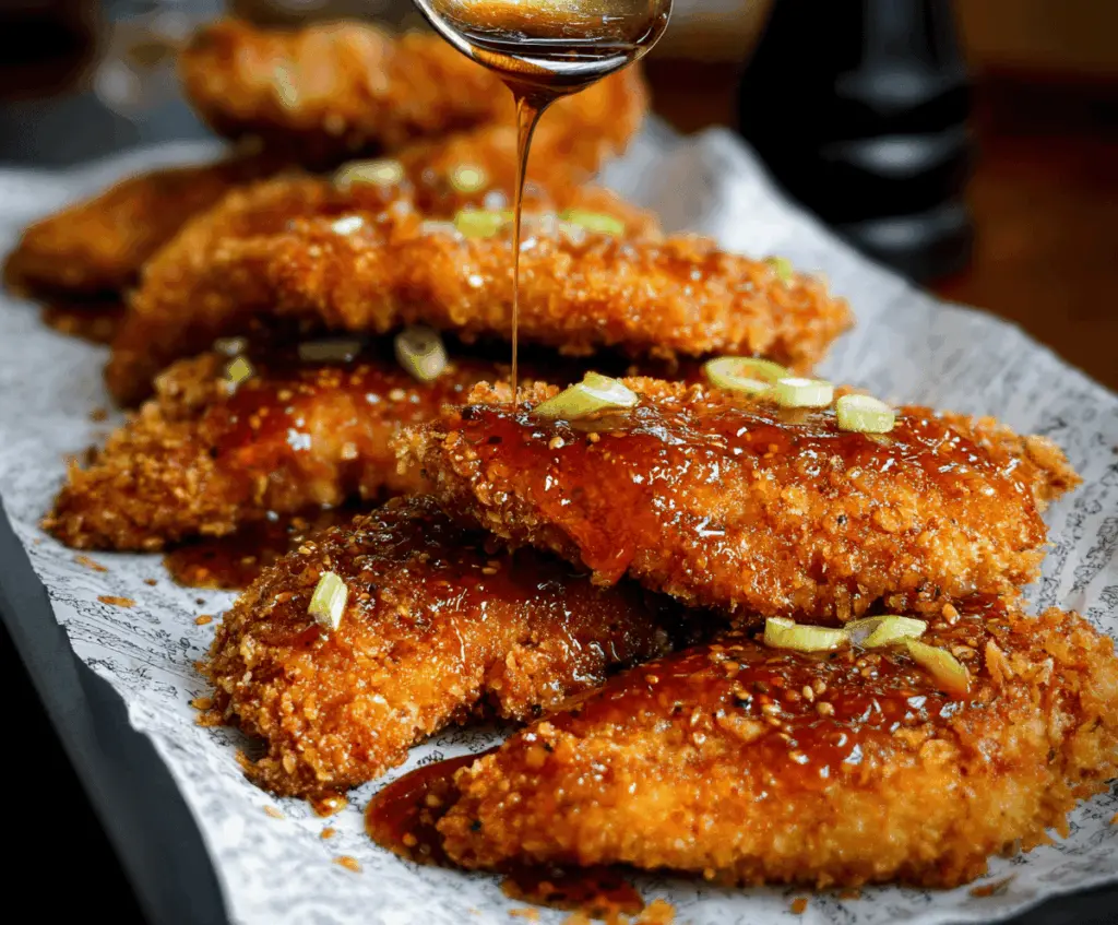 Golden baked crunchy hot honey chicken garnished with fresh herbs on a rustic plate, ready to serve