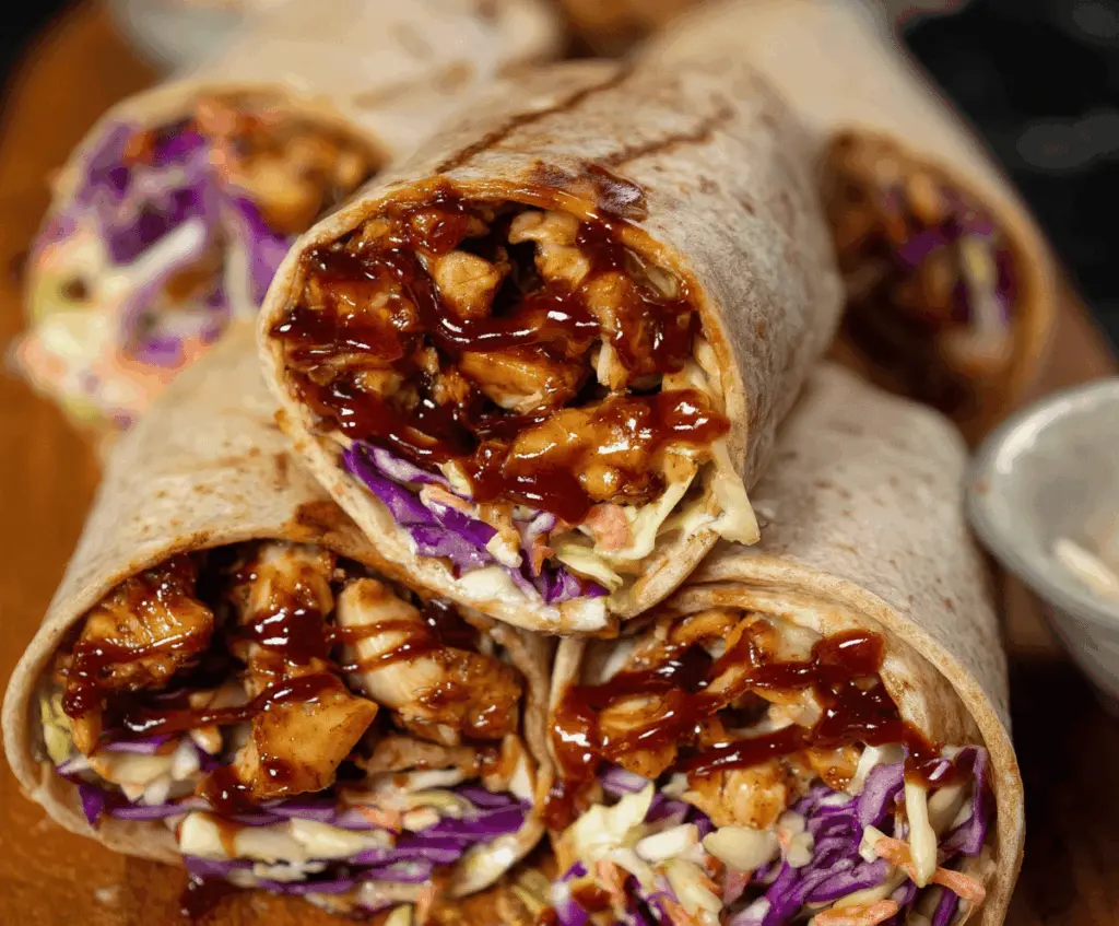 Delicious BBQ Chicken Coleslaw Wraps featuring grilled chicken, crunchy coleslaw, and a savory barbecue sauce in a soft tortilla wrap.
