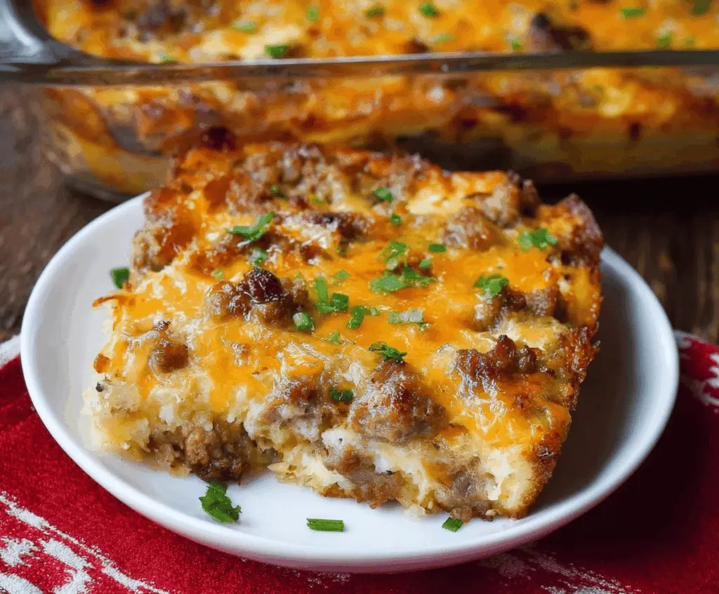 Delicious breakfast casserole with sausage and hash browns topped with melted cheese and fresh herbs