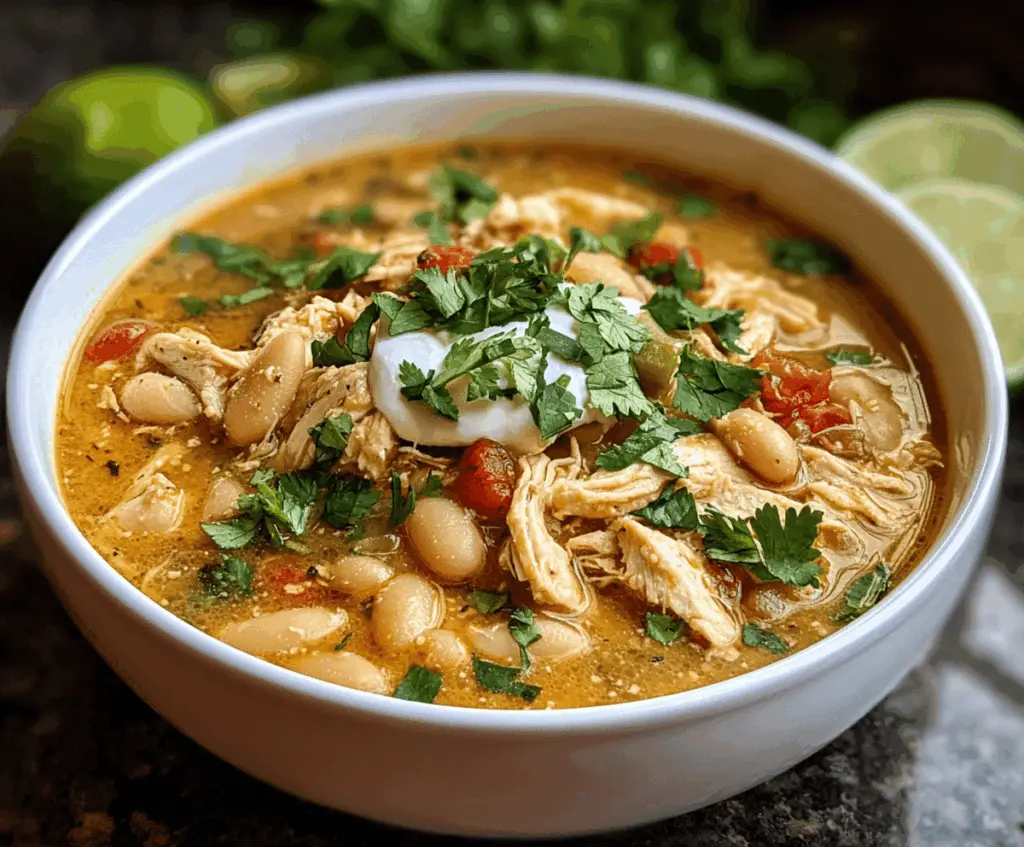 Creamy Cajun white chicken chili served in a bowl with garnishes of cilantro and diced jalapenos, featuring tender shredded chicken, white beans, and spices