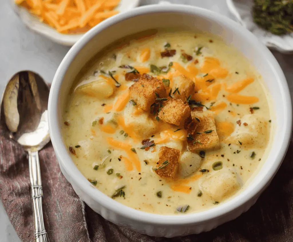 Creamy Cheddar Garlic Herb Potato Soup served in a bowl with melted cheese, fresh herbs, and crispy croutons for a warm, flavorful appetizer or main course.