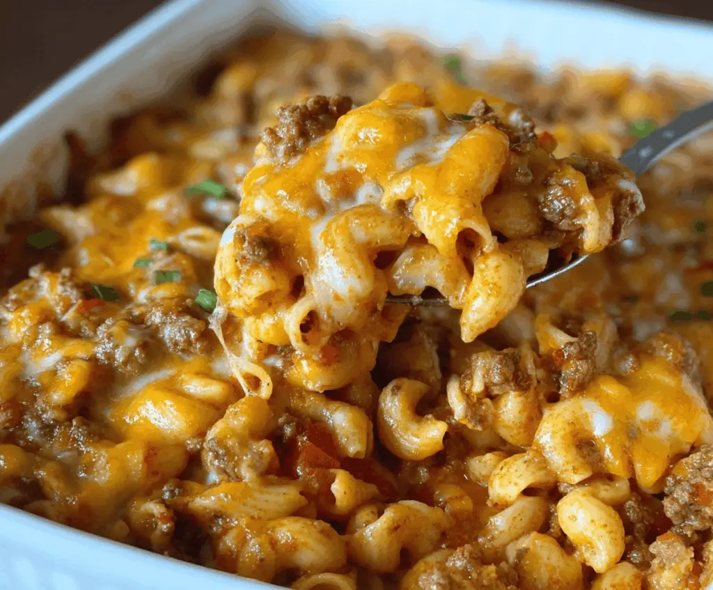 Delicious cheesy hamburger casserole bake served in a baking dish, perfect for quick and easy weeknight dinners.