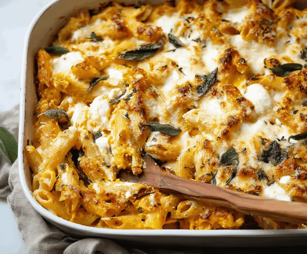 Creamy cheesy pumpkin ricotta pasta bake topped with melted cheese and fresh herbs, perfect for fall dinners.