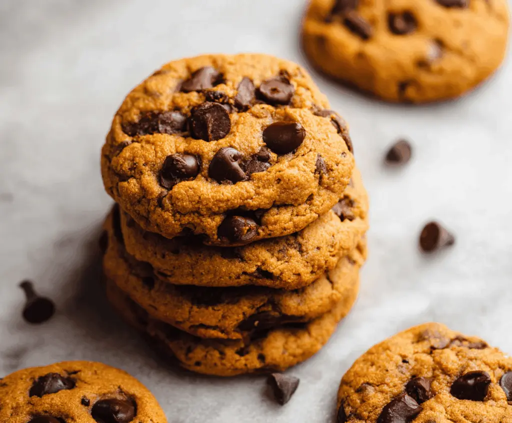 Delicious chewy pumpkin chocolate chip cookies on a baking sheet, featuring a soft, golden-brown exterior with melty chocolate chips and hints of pumpkin spice