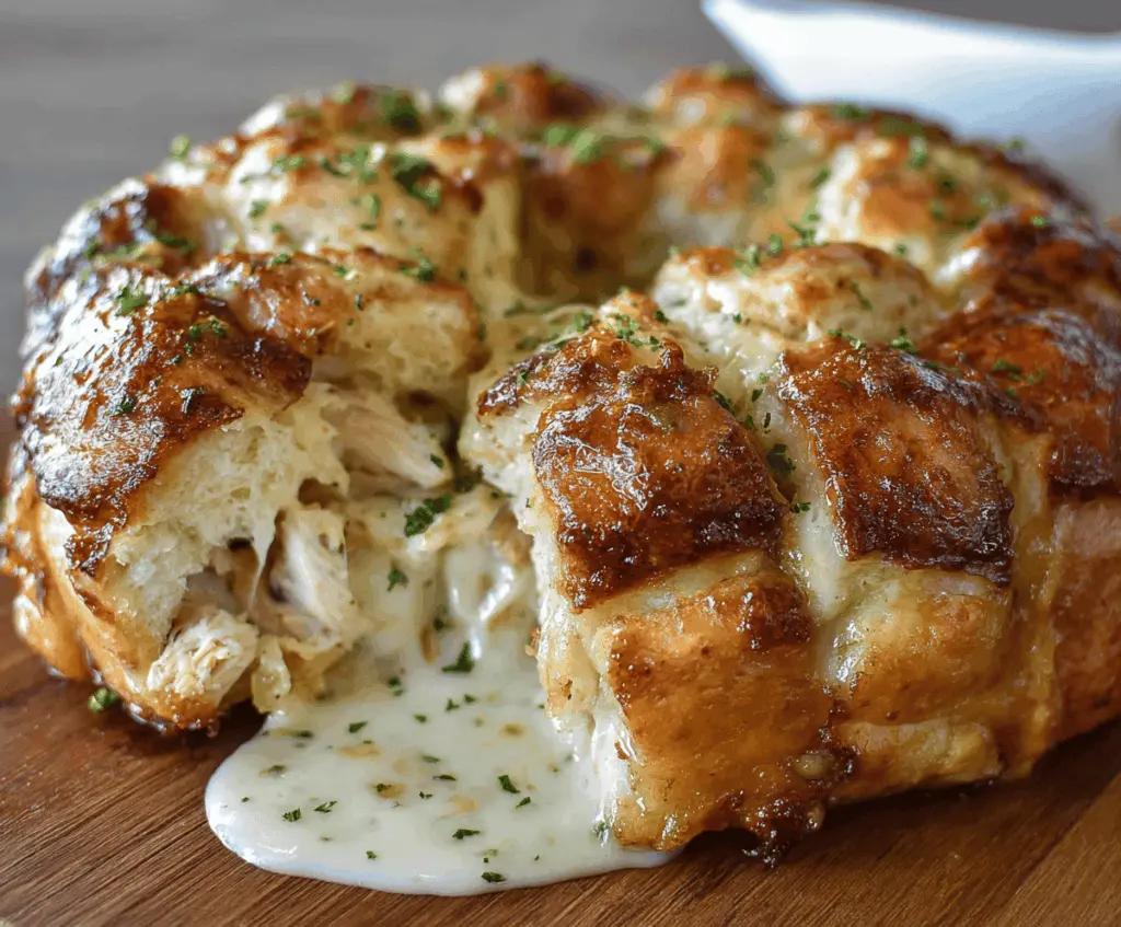 Delicious Chicken Alfredo Monkey Bread topped with melted cheese and herbs, served hot on a white plate