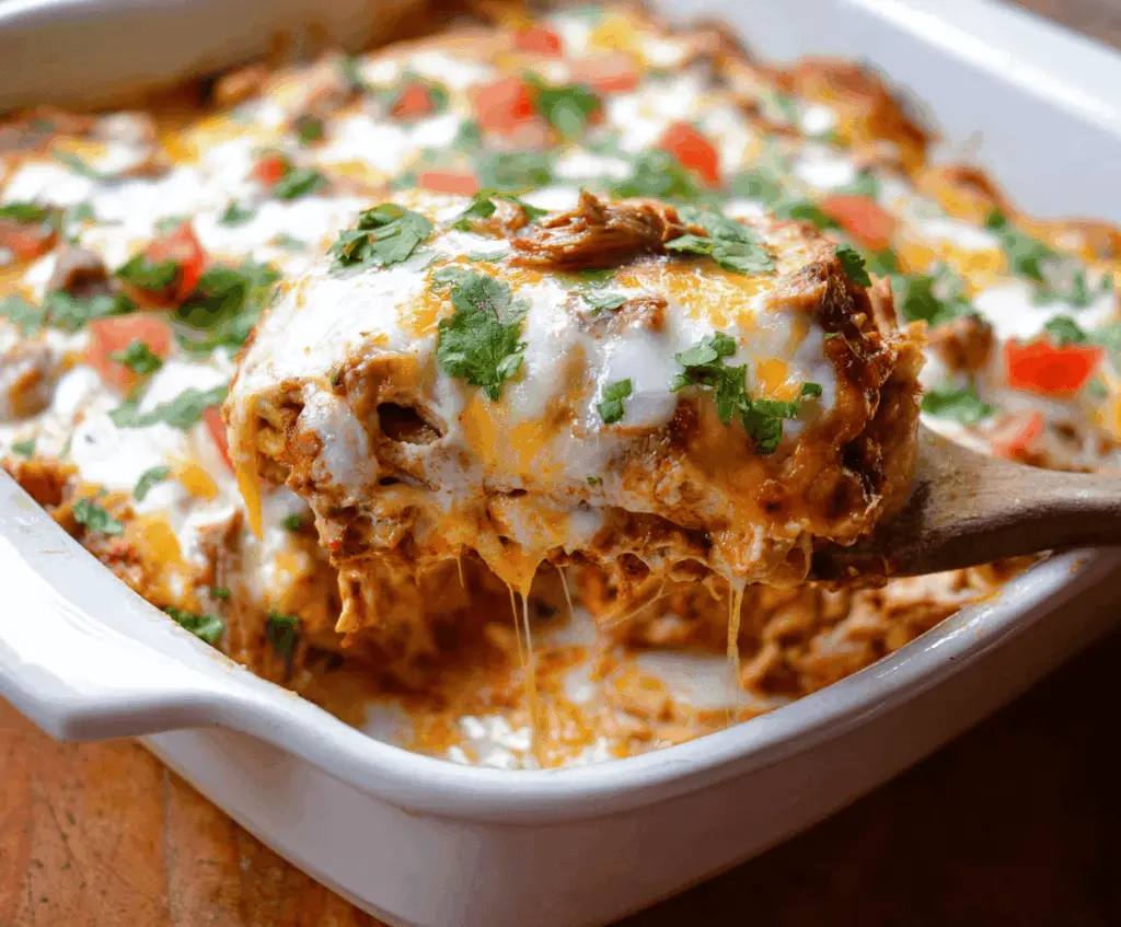 Delicious Chicken Burrito Casserole topped with melted cheese, fresh vegetables, and cilantro, served hot in a baking dish.