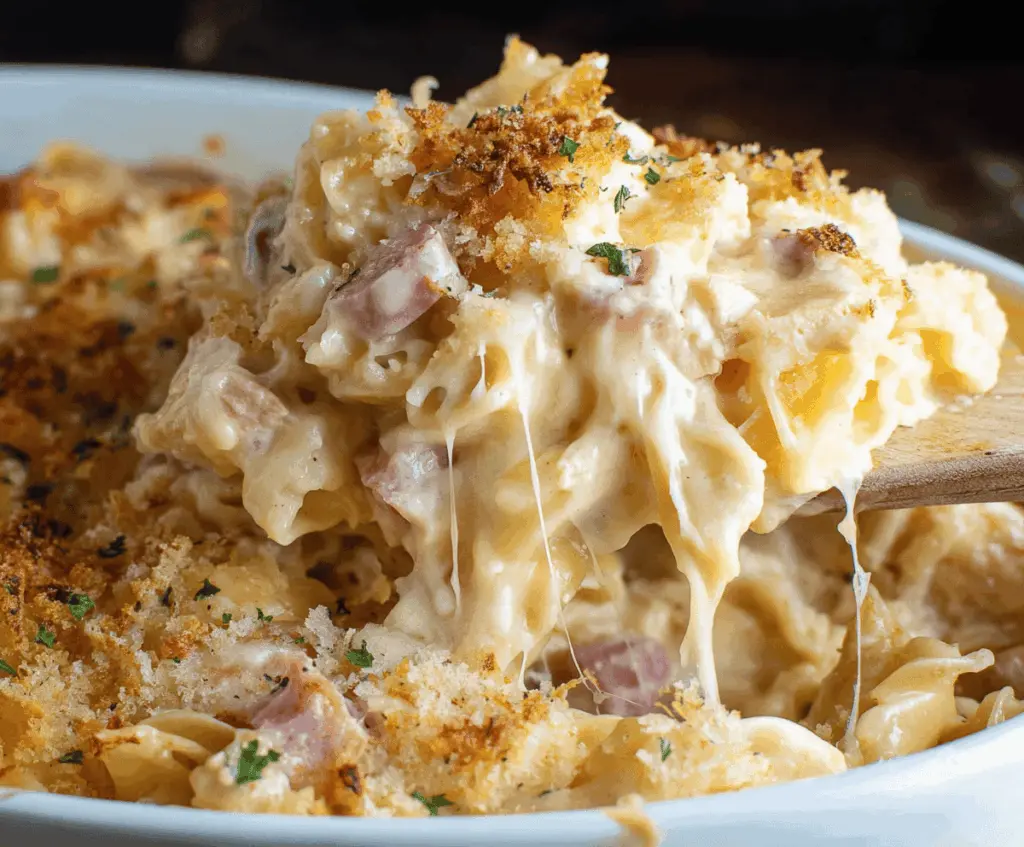 Delicious Chicken Cordon Bleu Casserole with crispy breaded chicken, melted cheese, and creamy sauce, served hot on a plate