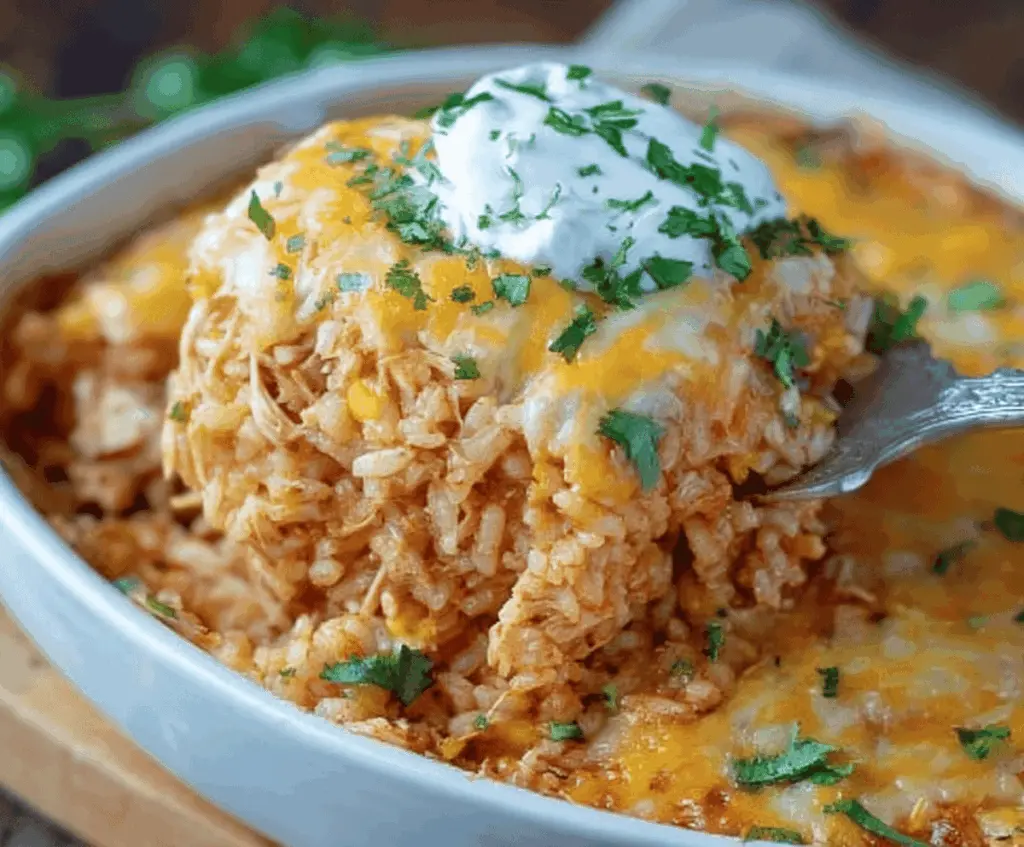 Delicious Chicken Enchilada Rice Casserole served on a plate with melted cheese and vibrant toppings, ready in 35 minutes.