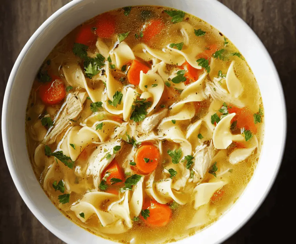 A steaming bowl of homemade chicken noodle soup with tender chicken, fresh vegetables, and hearty noodles served in a white bowl on a rustic wooden table.