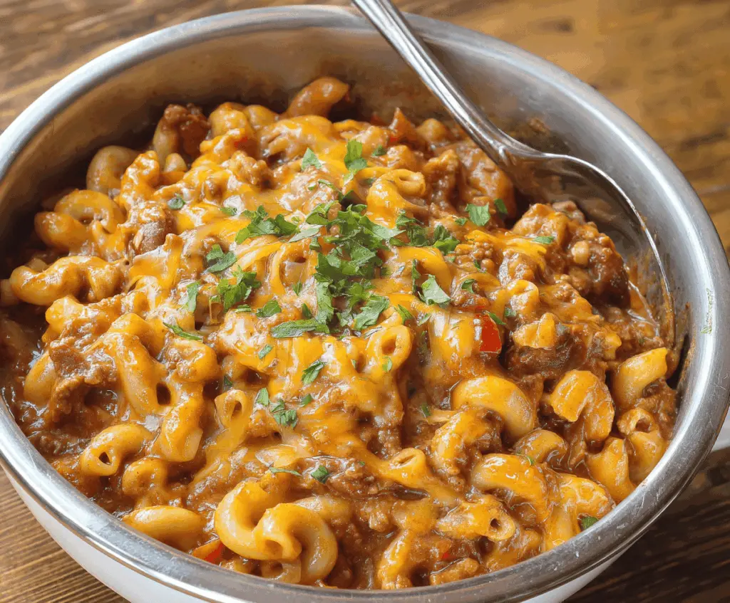 Hearty Chili Mac dish featuring seasoned ground beef, pasta, and melted cheese in a bowl, perfect for a comforting meal.