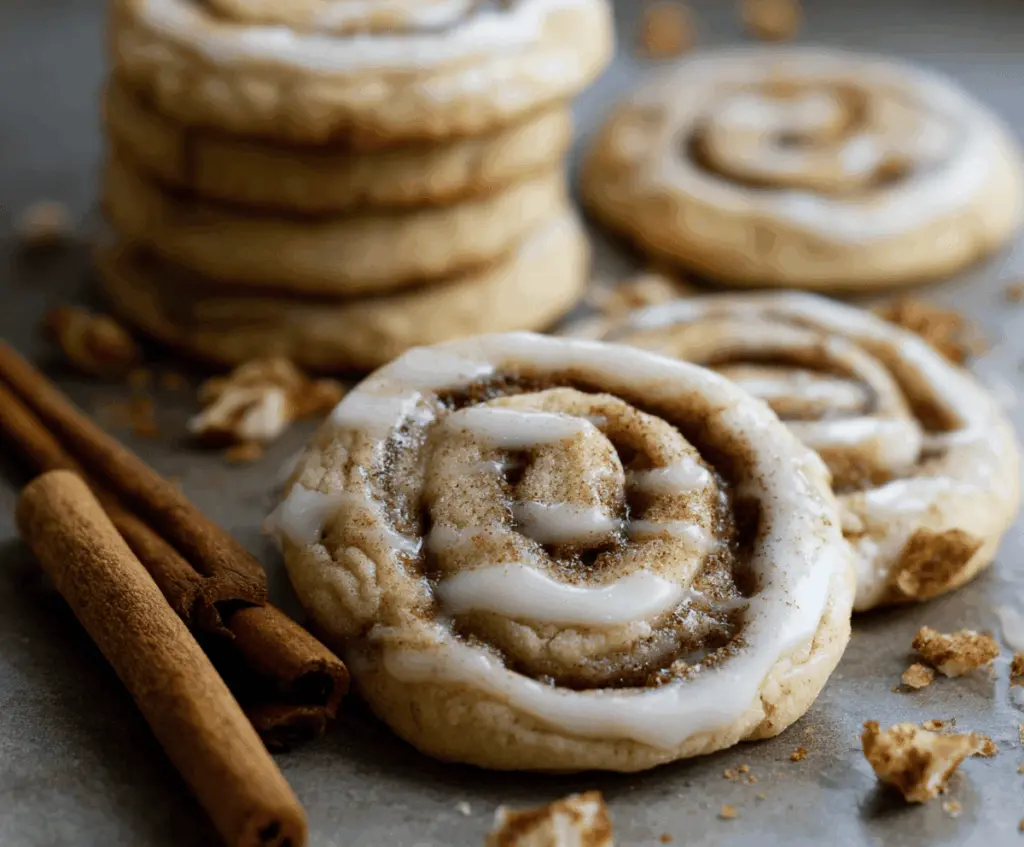 Decorative cinnamon roll sugar cookies with swirled cinnamon and icing details, perfect for baking and sweet treats