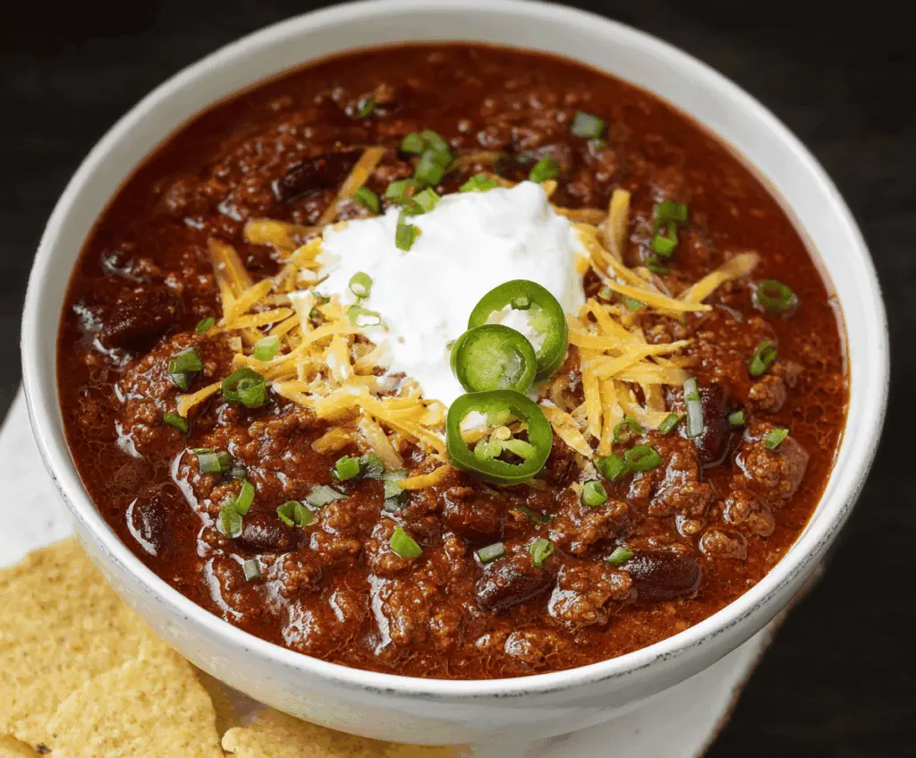 Delicious homemade classic beef chili served in a bowl with toppings and fresh herbs, perfect for a comforting meal