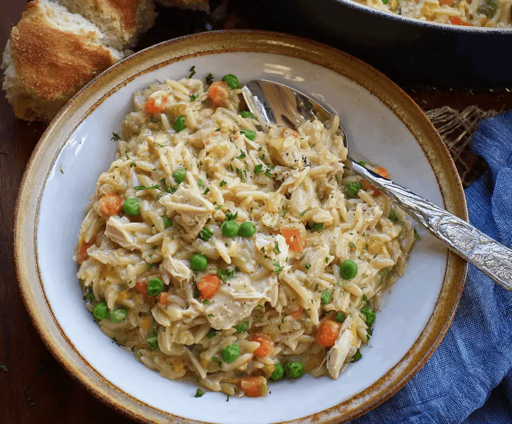 Delicious Cozy Chicken Pot Pie Orzo served in a bowl with flaky crust, tender chicken, vegetables, and creamy sauce, perfect for comfort food lovers.