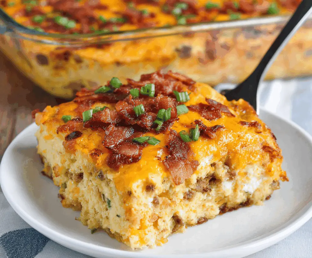 Delicious Crack Breakfast Casserole with eggs, cheese, sausage, and hash browns served in a baking dish