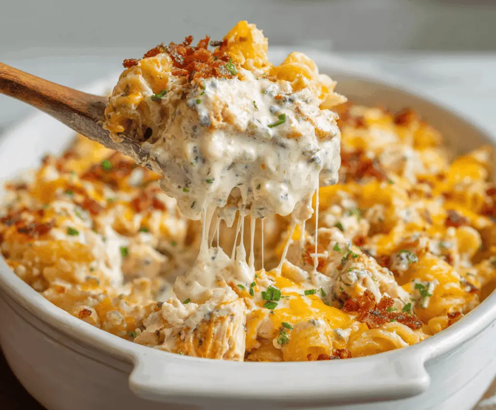 Delicious Crack Chicken Casserole topped with crispy bacon and melted cheese, ready to serve as a comforting and flavorful meal.