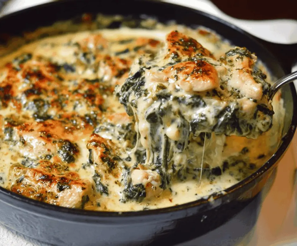 Creamy Chicken and Spinach Casserole with melted cheese and fresh greens in a baking dish, perfect for a hearty, healthy dinner.