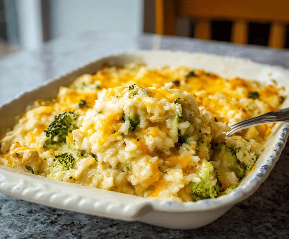 Creamy Chicken Broccoli Rice Cheese Casserole
