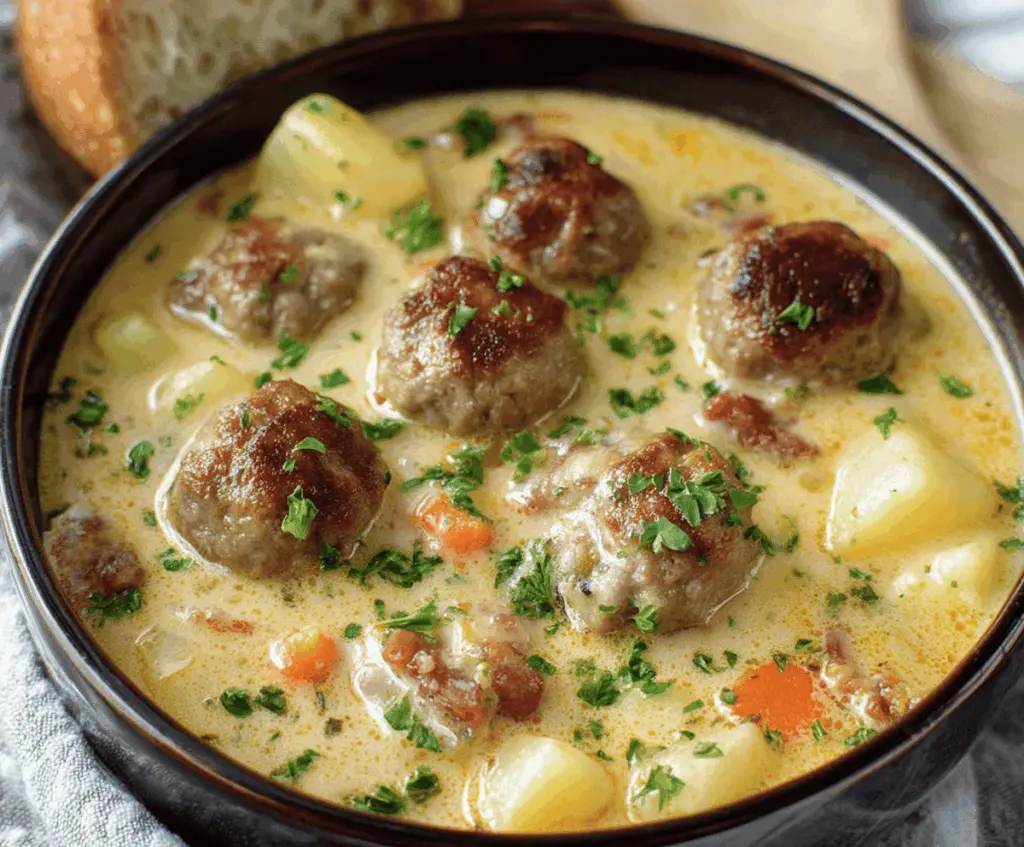 A bowl of creamy meatball soup garnished with fresh herbs, featuring tender meatballs, vegetables, and a rich, velvety broth perfect for a comforting meal.