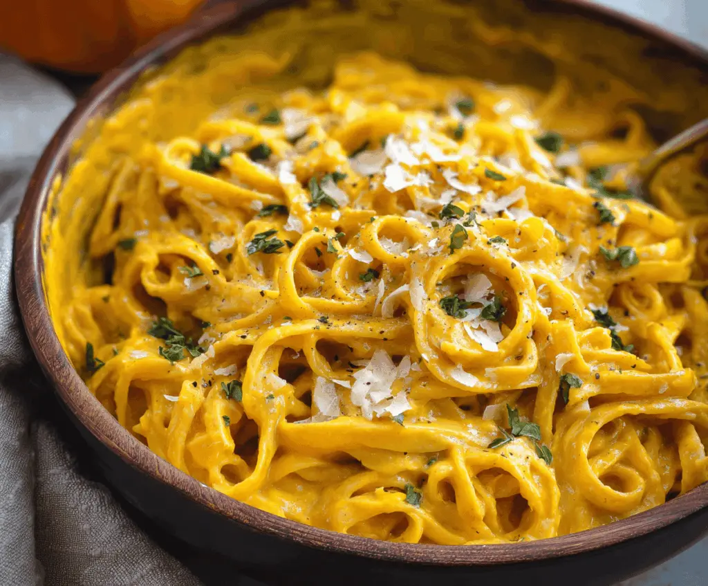 Creamy pumpkin pasta served in a white bowl garnished with fresh herbs and grated cheese, perfect for a cozy fall dinner.