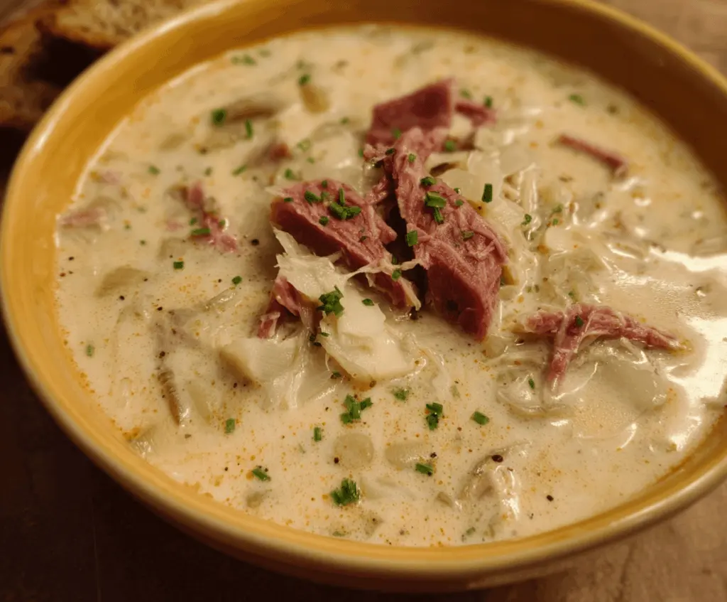 A steaming bowl of creamy Reuben soup garnished with chopped parsley, featuring corned beef, sauerkraut, Swiss cheese, and rye croutons, served in a rustic white bowl.