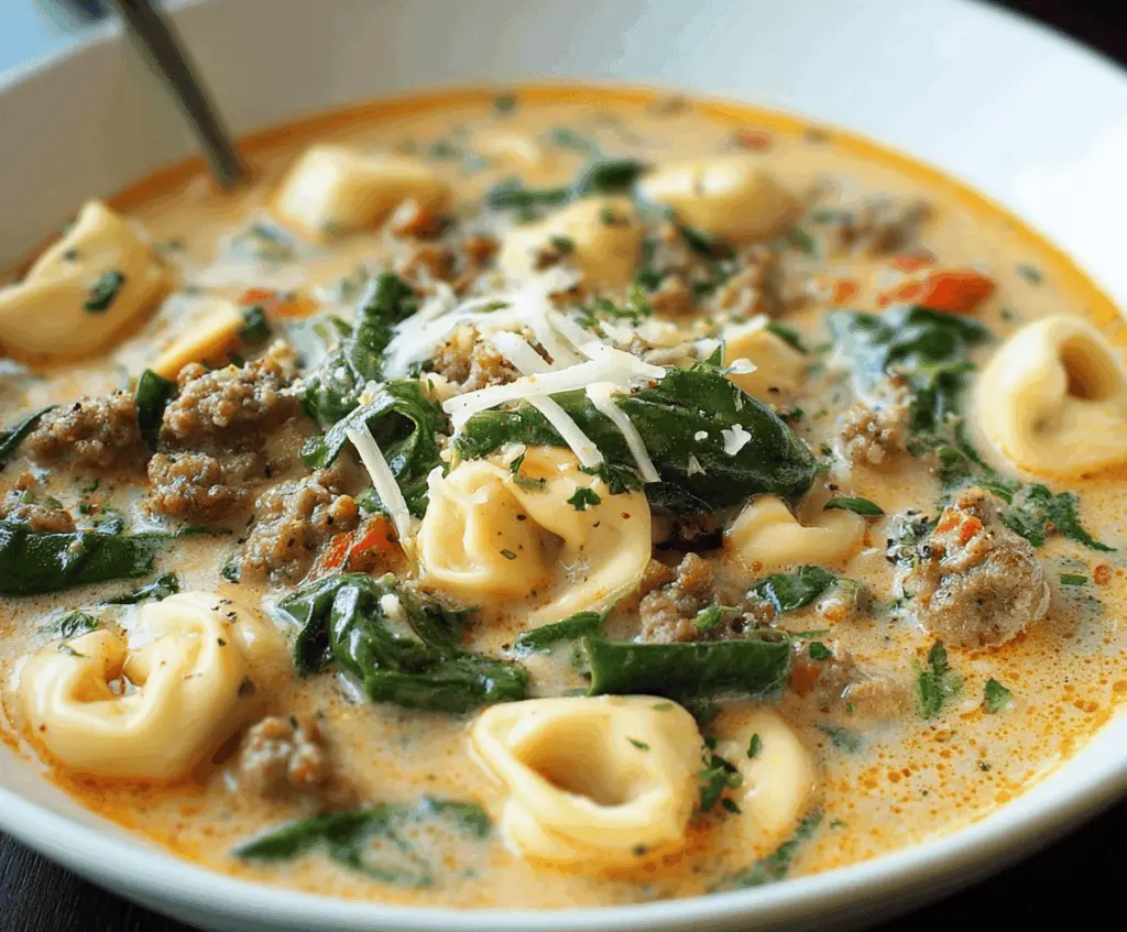 Creamy sausage tortellini soup in a bowl topped with fresh herbs, showcasing a hearty and delicious Italian-inspired meal