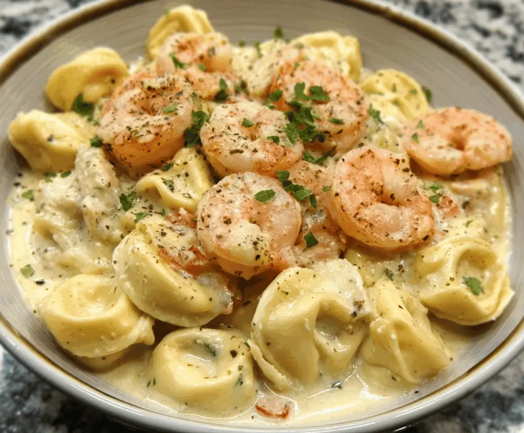 Creamy shrimp and tortellini Alfredo dish garnished with fresh herbs, served in a white bowl for a delicious seafood pasta recipe