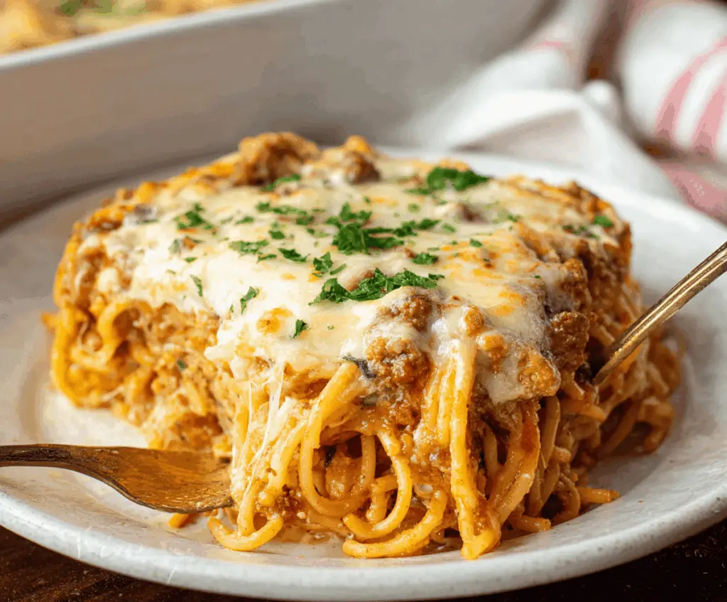 Creamy Southern Spaghetti Bake topped with melted cheese and fresh herbs in a baking dish, served hot and delicious