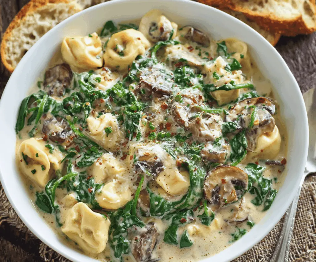 Creamy tortellini pasta with fresh spinach and sautéed mushrooms in a flavorful sauce, served on a white plate.