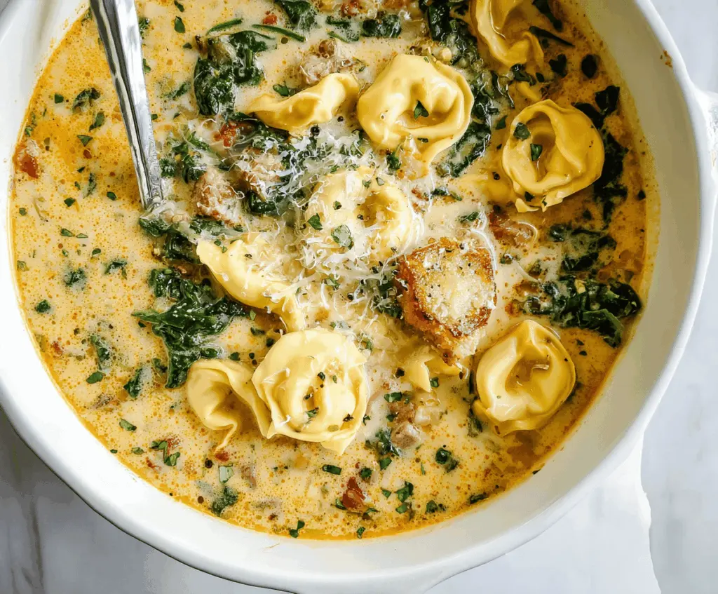 Creamy Tuscan Garlic Tortellini Soup served in a bowl with fresh herbs and grated Parmesan cheese, featuring tortellini pasta, spinach, and a rich garlic-infused broth