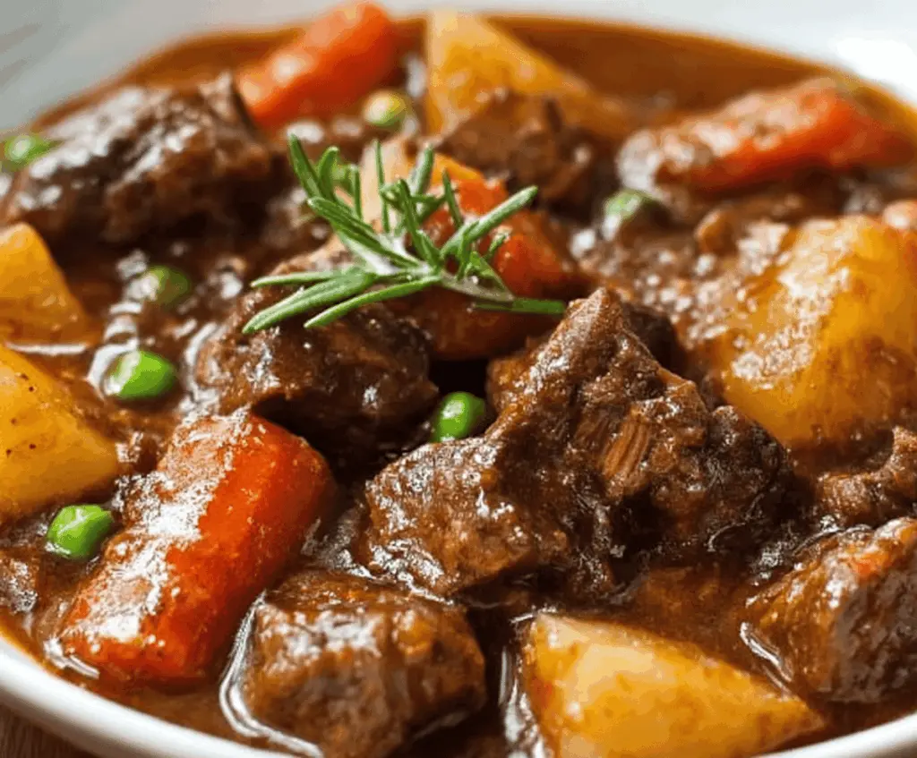 Hearty Crockpot Beef Stew with tender beef chunks, vegetables, and savory broth served in a rustic bowl.