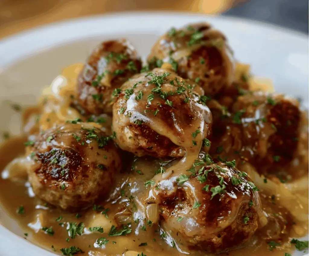 Delicious Crockpot French Onion Meatballs served in a rich onion gravy with melted cheese and fresh herbs, perfect for a cozy appetizer or main dish.
