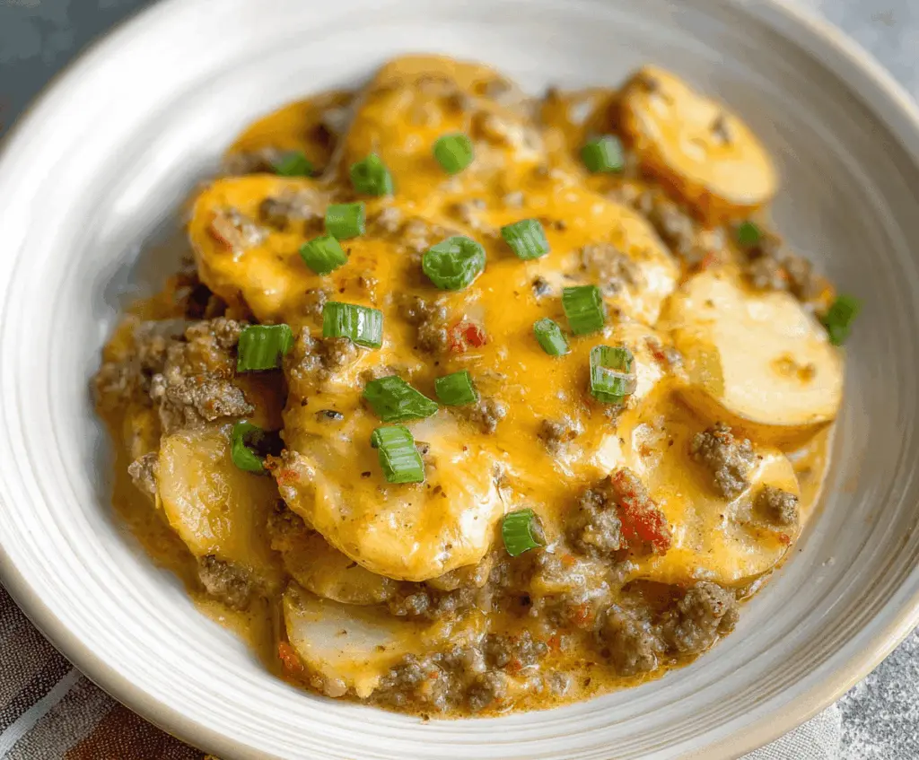Delicious Crockpot Hamburger Potato Casserole served in a bowl with melted cheese and fresh herbs, perfect for a comforting family dinner