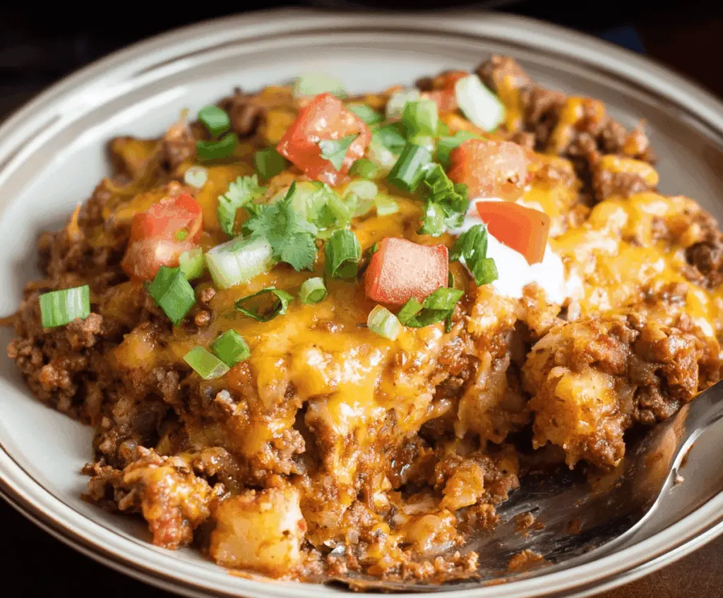 Delicious Crockpot Taco Casserole topped with melted cheese, fresh lettuce, tomatoes, and sour cream in a colorful serving dish