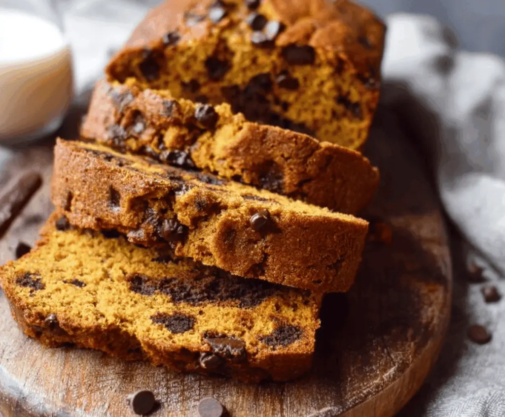 Slice of moist pumpkin bread topped with chocolate chips, perfect for fall desserts and holiday baking