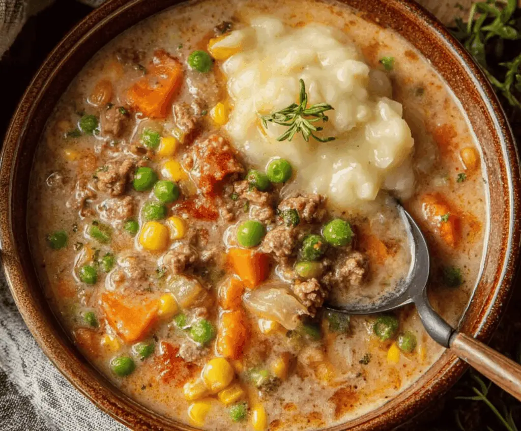 A bowl of hearty Shepherd’s Pie Soup topped with mashed potatoes, vegetables, and herbs, served in a rustic bowl for a comforting meal.