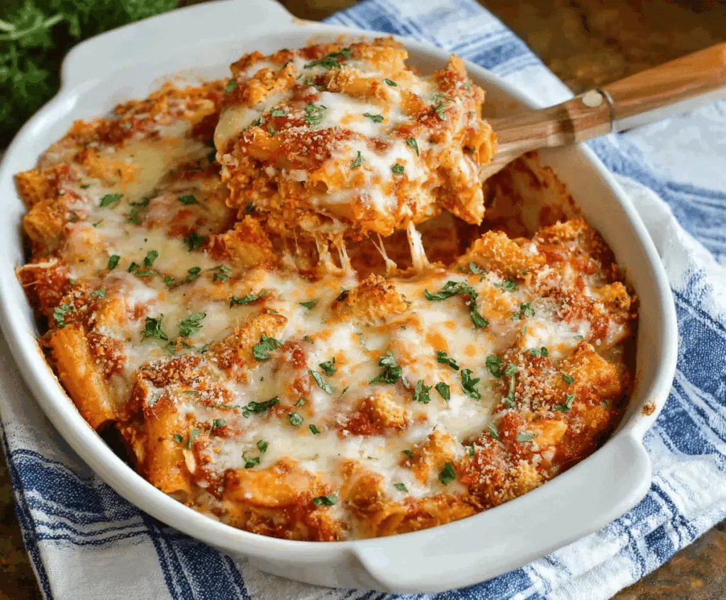 Delicious Dump-and-Bake Chicken Parmesan Casserole topped with melted cheese and fresh basil, perfect for easy family dinners