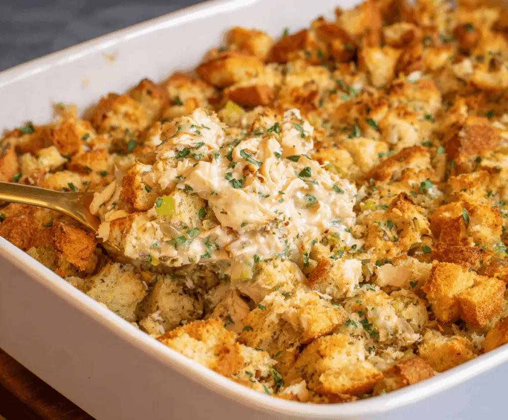 Delicious Easy Chicken and Stuffing Casserole topped with golden-brown stuffing and tender chicken pieces, perfect for a comforting family dinner