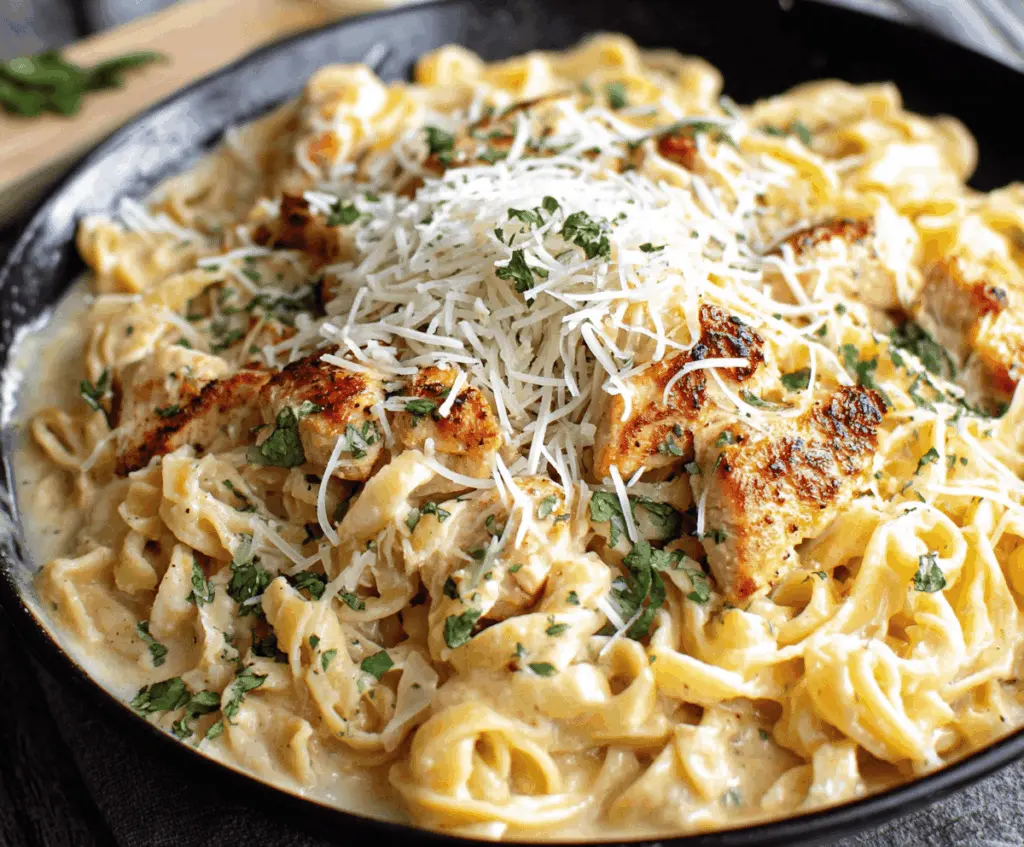 Creamy Easy Parmesan Chicken Pasta with golden chicken pieces, al dente pasta, and melted Parmesan cheese garnished with fresh herbs.