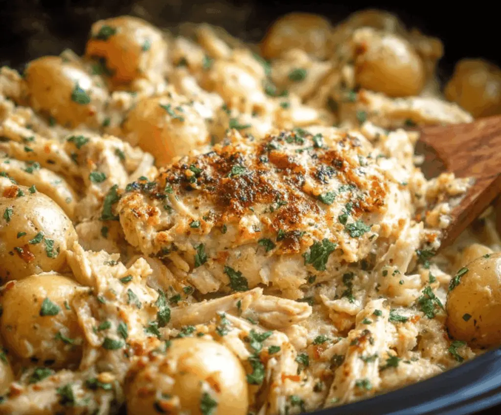 Creamy garlic Parmesan crockpot chicken and roasted potatoes served on a plate with fresh herbs, perfect for a flavorful, easy dinner.