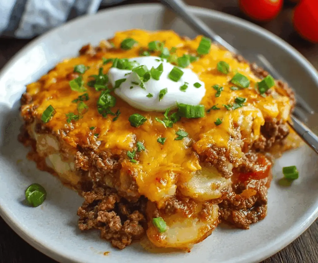 Delicious Hobo Casserole with ground beef, vegetables, and melted cheese in a baked casserole dish, easy and hearty recipe