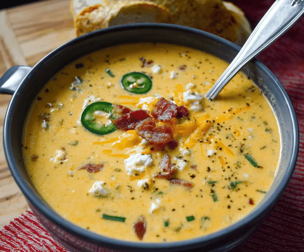 Creamy jalapeno popper soup garnished with shredded cheese and chopped green onions, featuring visible jalapeno peppers and crispy bacon bits in a bowl.
