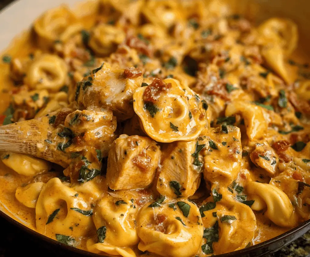 Creamy Marry Me Chicken Tortellini dish garnished with fresh herbs, featuring tender tortellini pasta in a rich, flavorful sauce perfect for a romantic dinner.