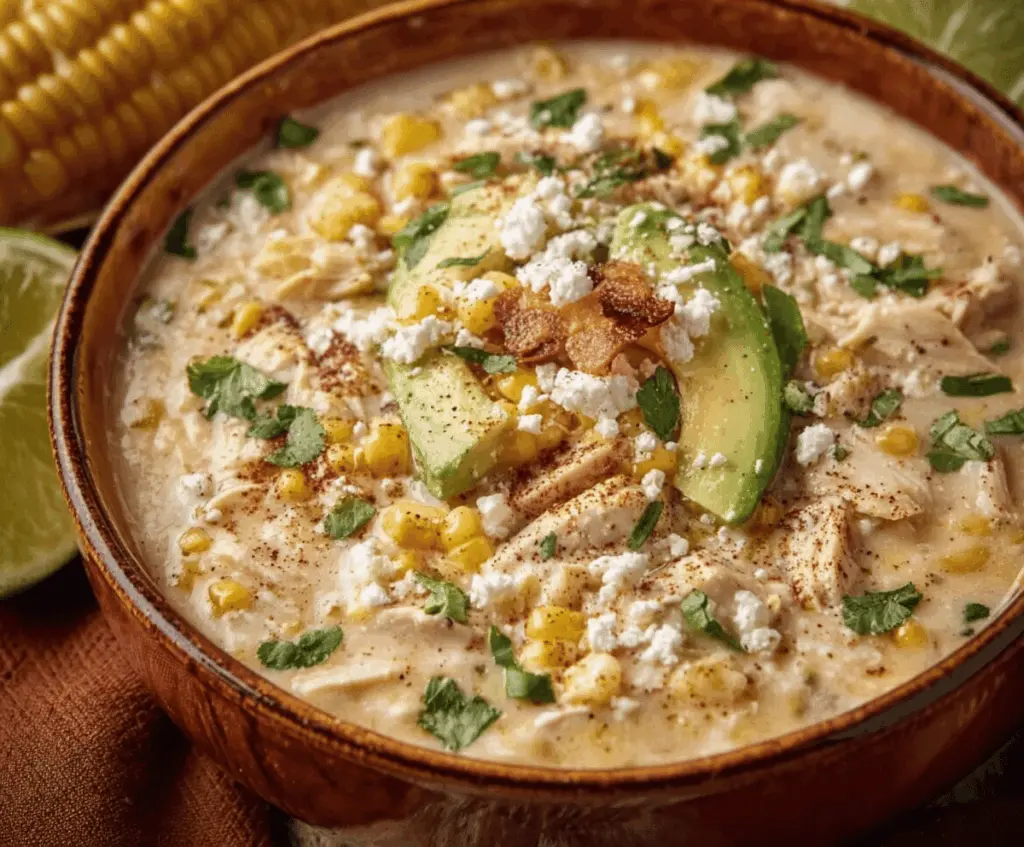 Creamy Mexican Street Corn White Chicken Chili topped with fresh cilantro and crumbled cheese, served in a bowl with a lime wedge for a flavorful, spicy appetizer or meal.
