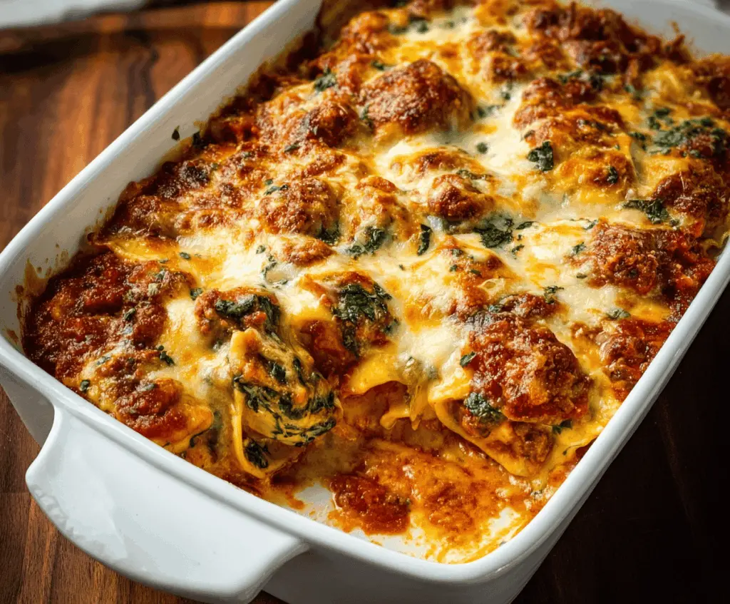 Delicious Million Dollar Ravioli Casserole topped with melted cheese and fresh herbs in a baking dish