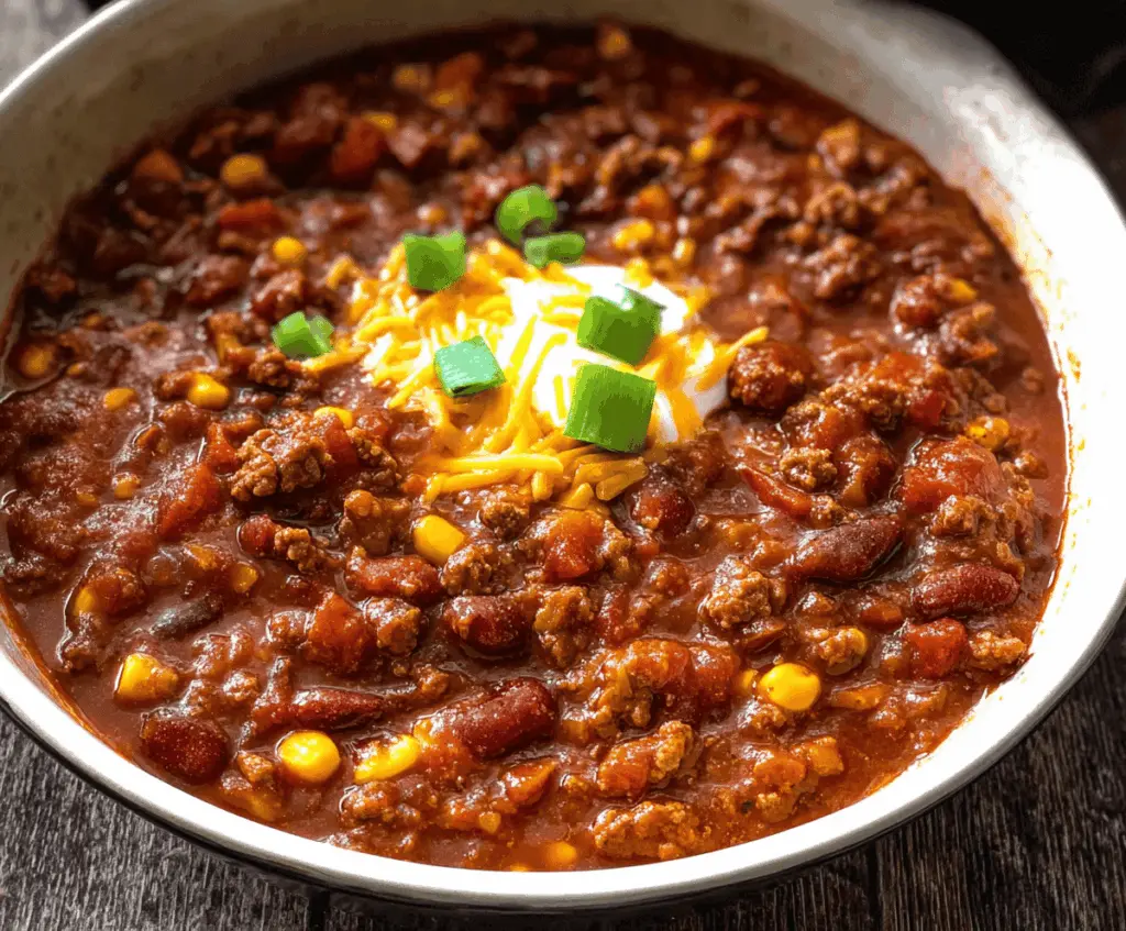 Delicious homemade slow-cooker chili with ground beef, beans, tomatoes, and spices in a bowl ready to serve