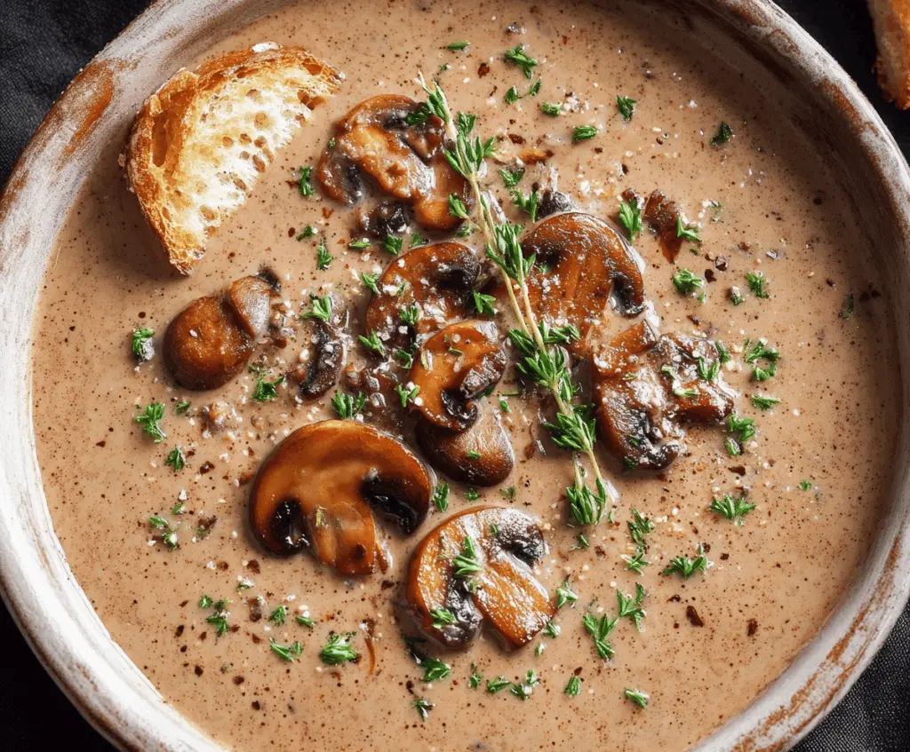 Creamy mushroom soup in a bowl garnished with fresh herbs, served with crusty bread, perfect for a comforting meal.