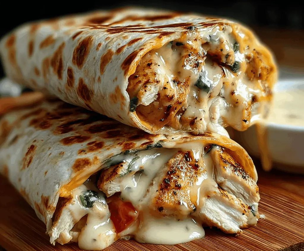 Delicious Ooey-Gooey Cheesy Garlic Chicken Wraps with melted cheese, crispy edges, and fresh ingredients ready to enjoy