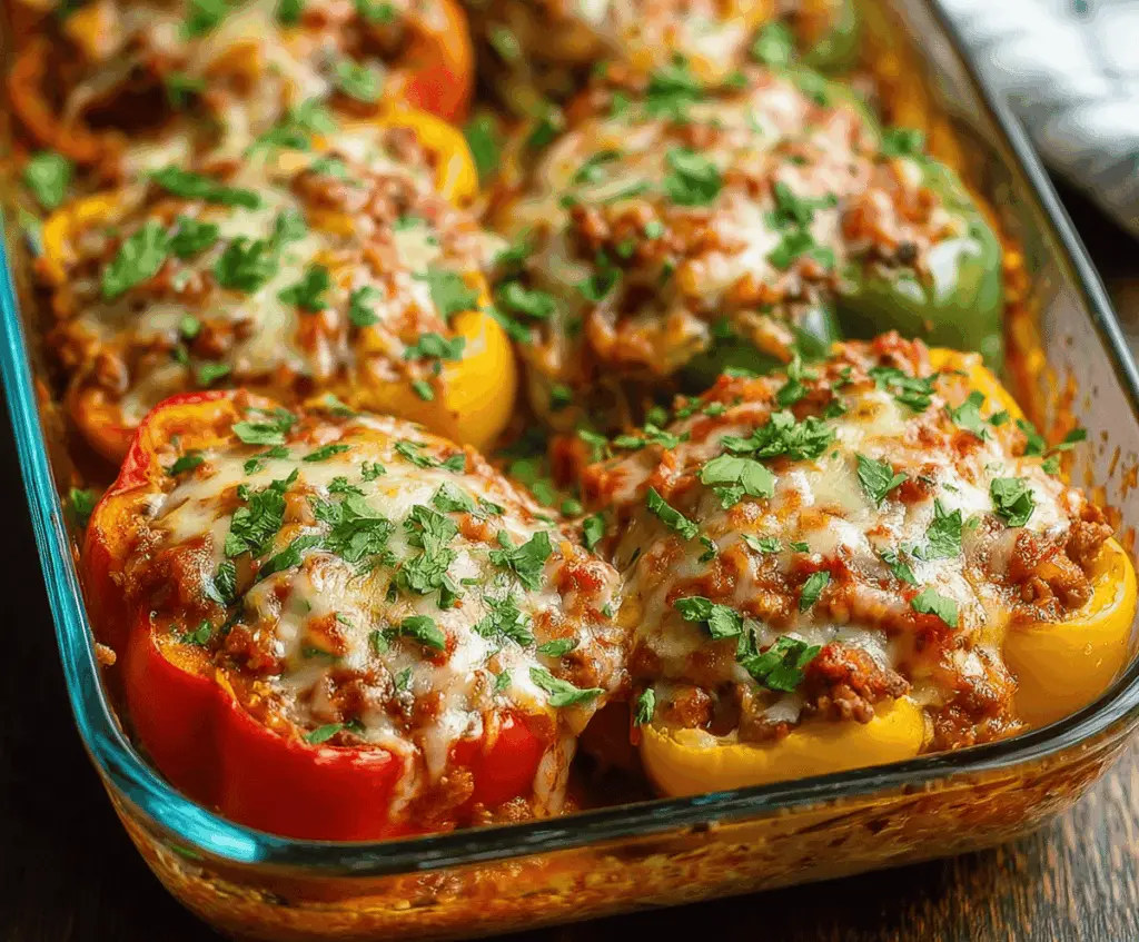 Delicious Pioneer Woman Stuffed Pepper Casserole with colorful bell peppers, seasoned ground beef, and melted cheese, ready to serve.